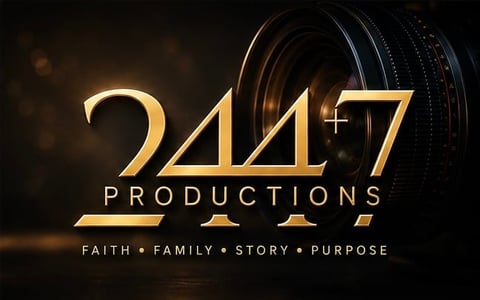 24-7 Productions logo in gold with tagline Faith Family Story Purpose on dark background