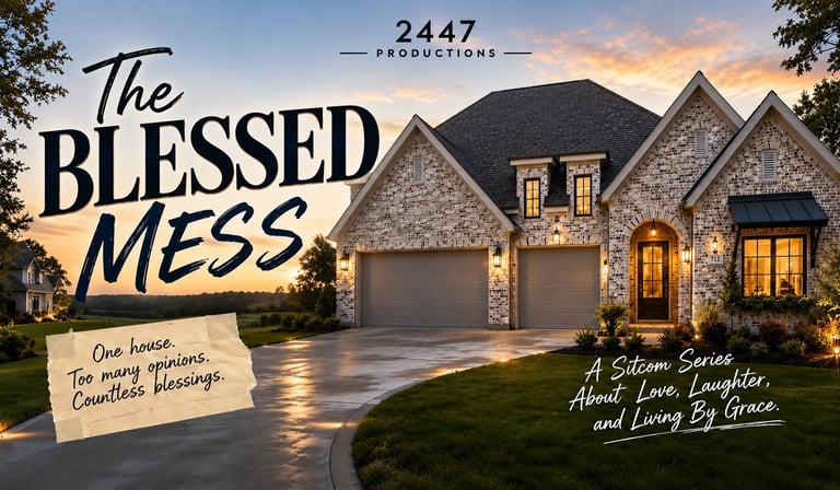 Title card for The Blessed Mess sitcom by 2447 Productions, featuring a modern brick home at dusk