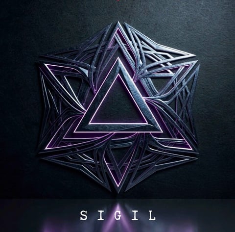 Geometric neon purple triangular shapes forming a complex 3D pattern with SIGIL text below on dark background